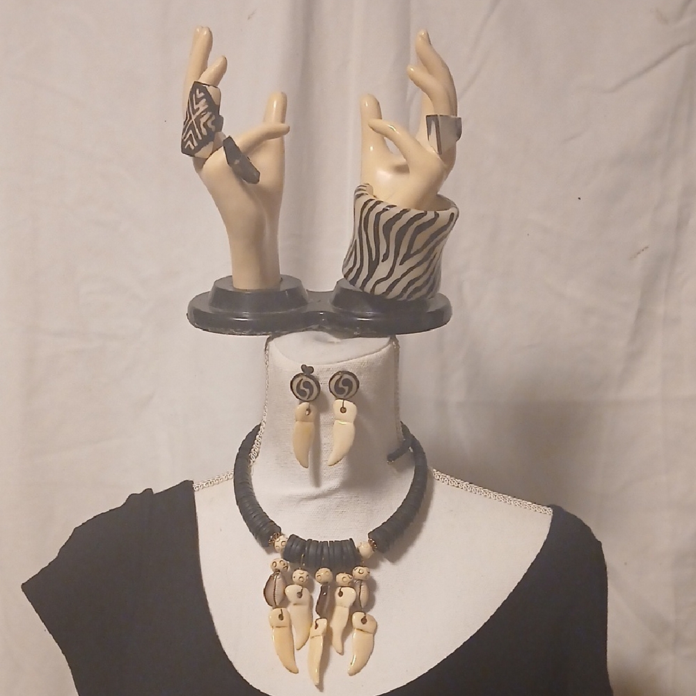 Black and Cream Tribal Necklace and Earring Set